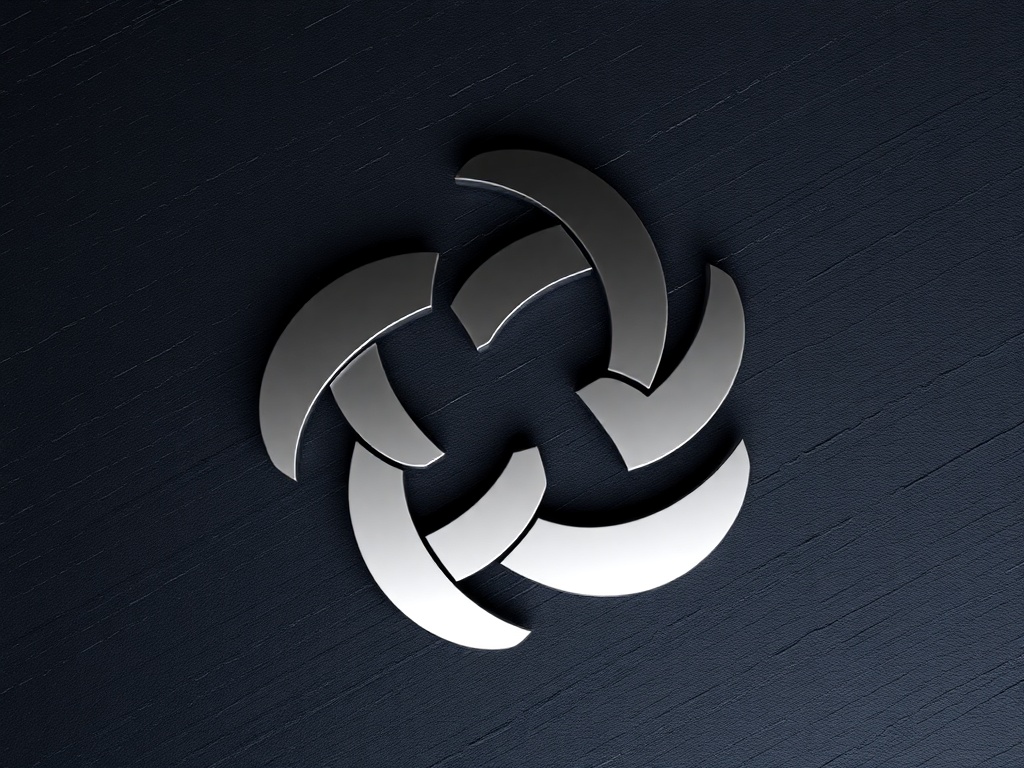 A clean, geometric logo mark composed of interlocking abstract shapes, rendered in polished silver, placed on a dark textured background (like slate), minimal lighting, 8k, commercial photography style.